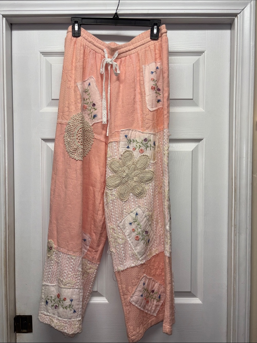 POL Peach Embroidered & Eyelet Patchwork Crochet Wide-Leg Pants Medium